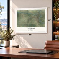 Columbus, Texas map, 18 x 24 inch print in a white frame in a home office