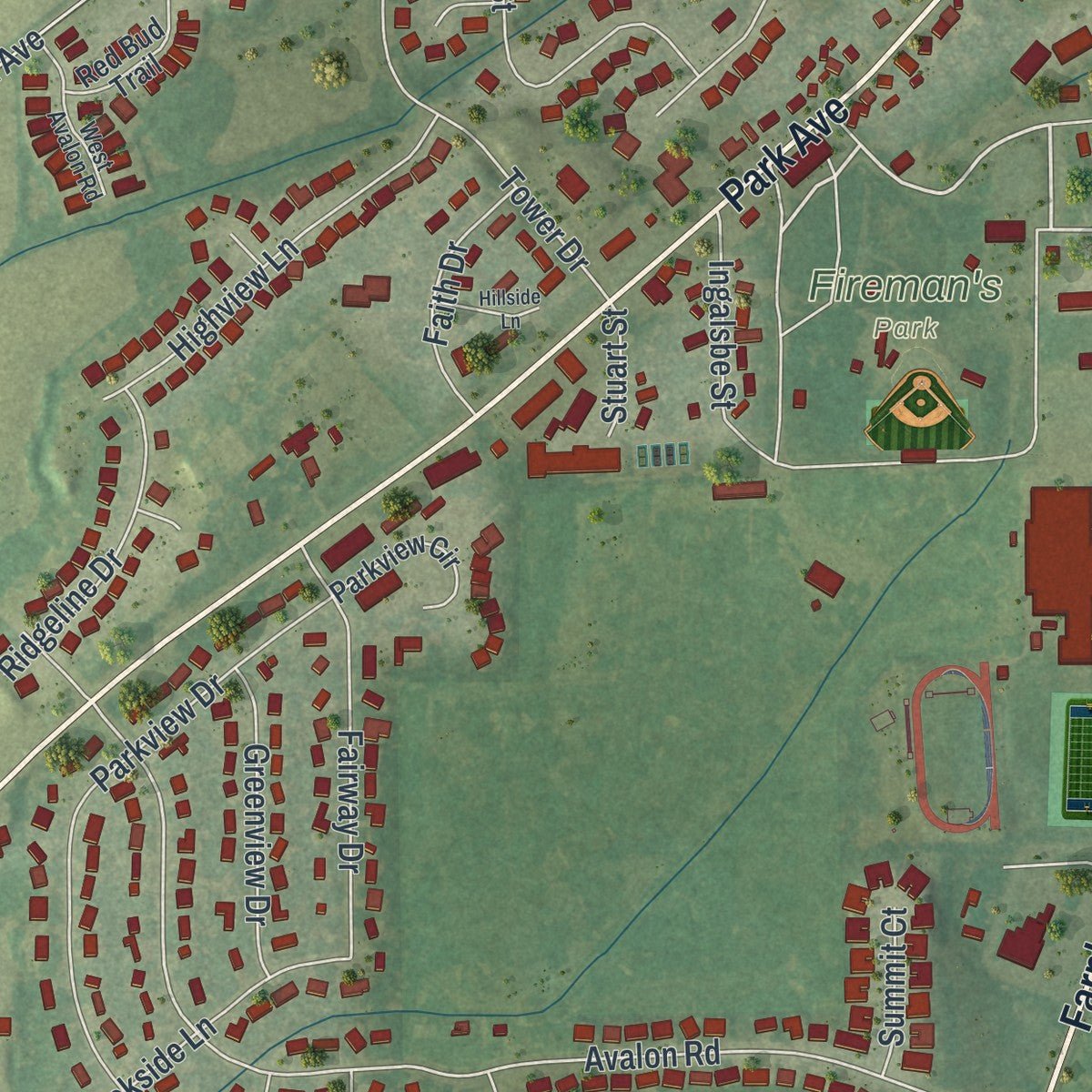 Second close-up of the map of Columbus, Wisconsin print showing more streets and buildings
