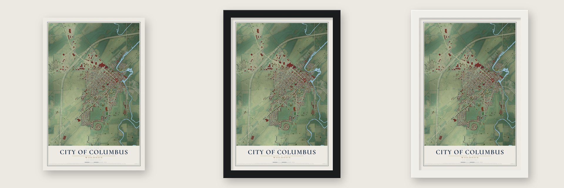 Columbus, Wisconsin map unframed, in a black wood frame and in a white wood frame