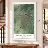 Columbus, Wisconsin map, 24 x 36 inch print in a white frame by a staircase