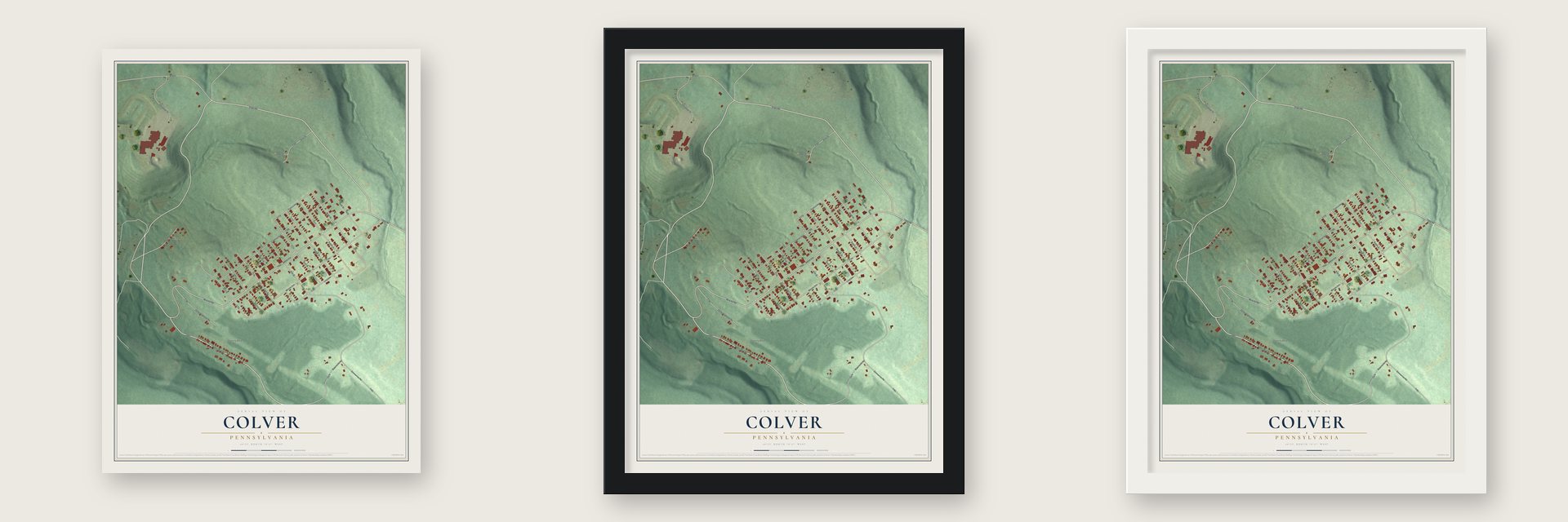 Colver, Pennsylvania map unframed, in a black wood frame and in a white wood frame