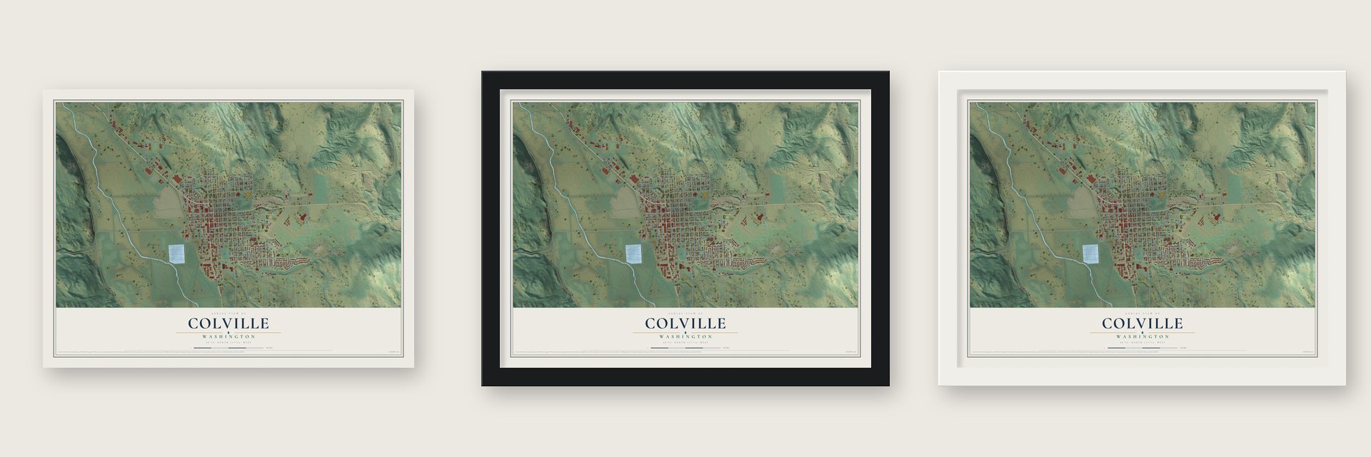 Colville, Washington map unframed, in a black wood frame and in a white wood frame