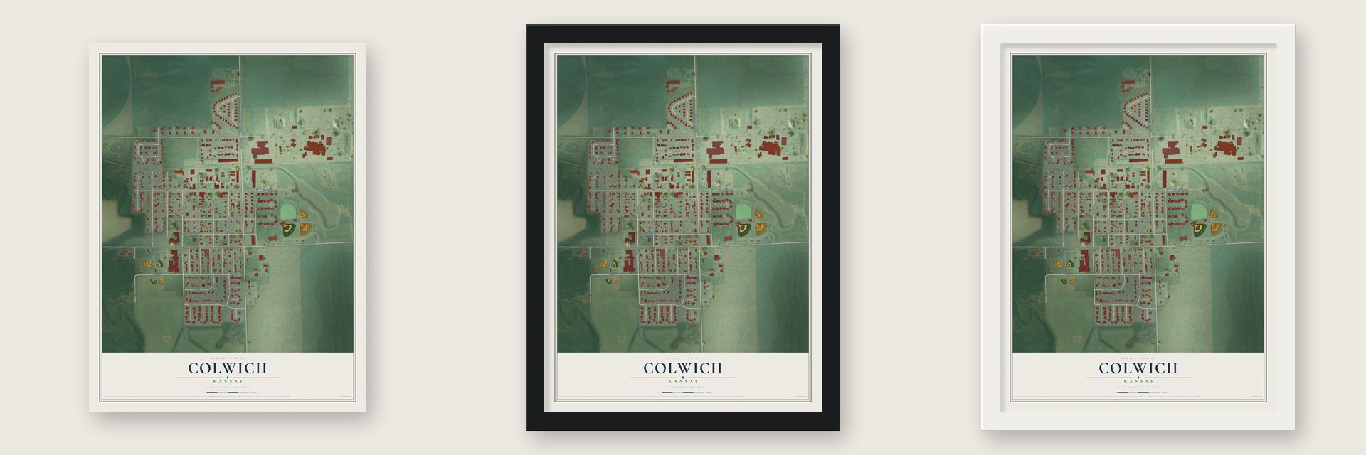 Colwich, Kansas map unframed, in a black wood frame and in a white wood frame