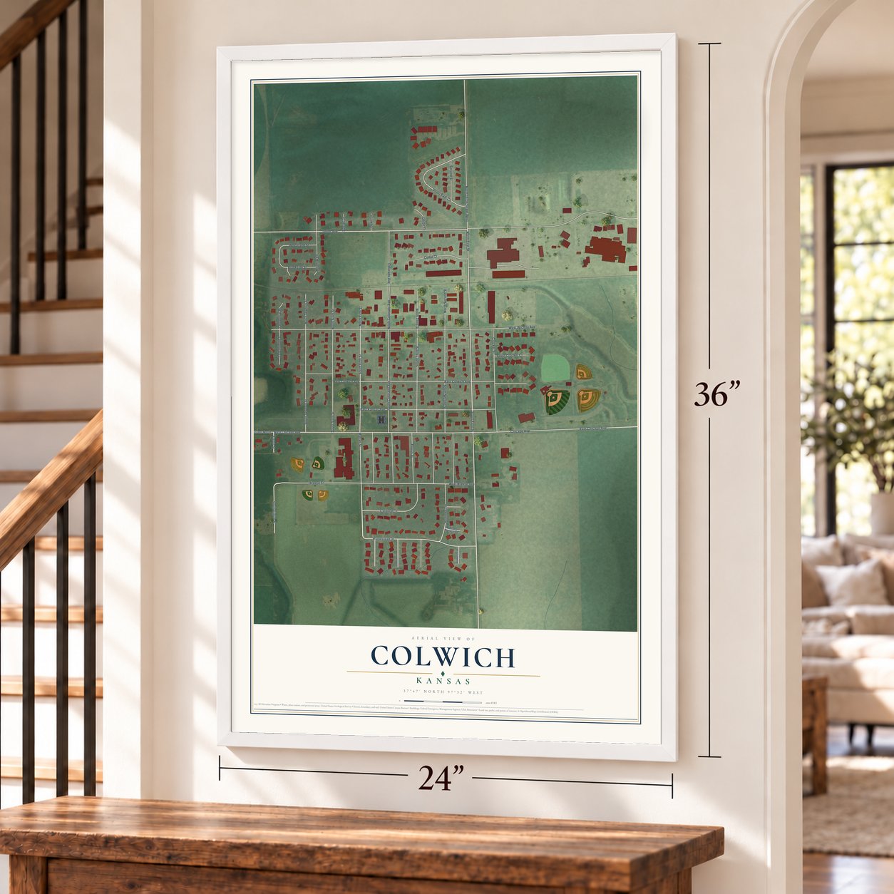 Colwich, Kansas map, 24 x 36 inch print in a white frame by a staircase