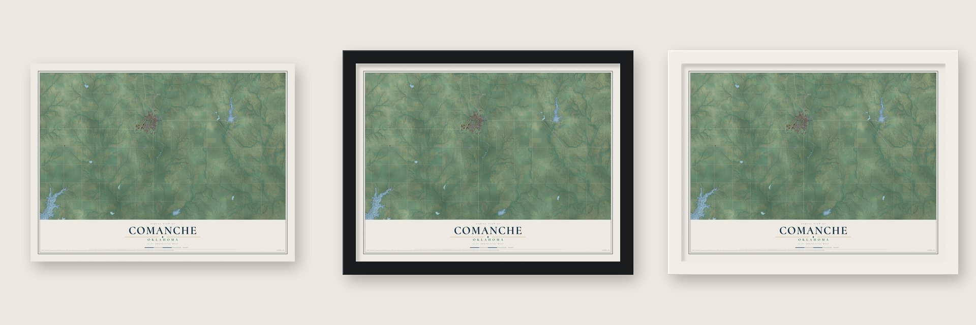 Comanche, Oklahoma map unframed, in a black wood frame and in a white wood frame