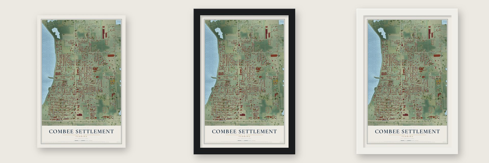 Combee Settlement, Florida map unframed, in a black wood frame and in a white wood frame