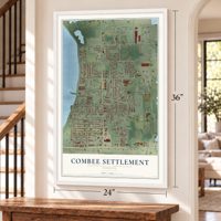 Combee Settlement, Florida map, 24 x 36 inch print in a white frame by a staircase