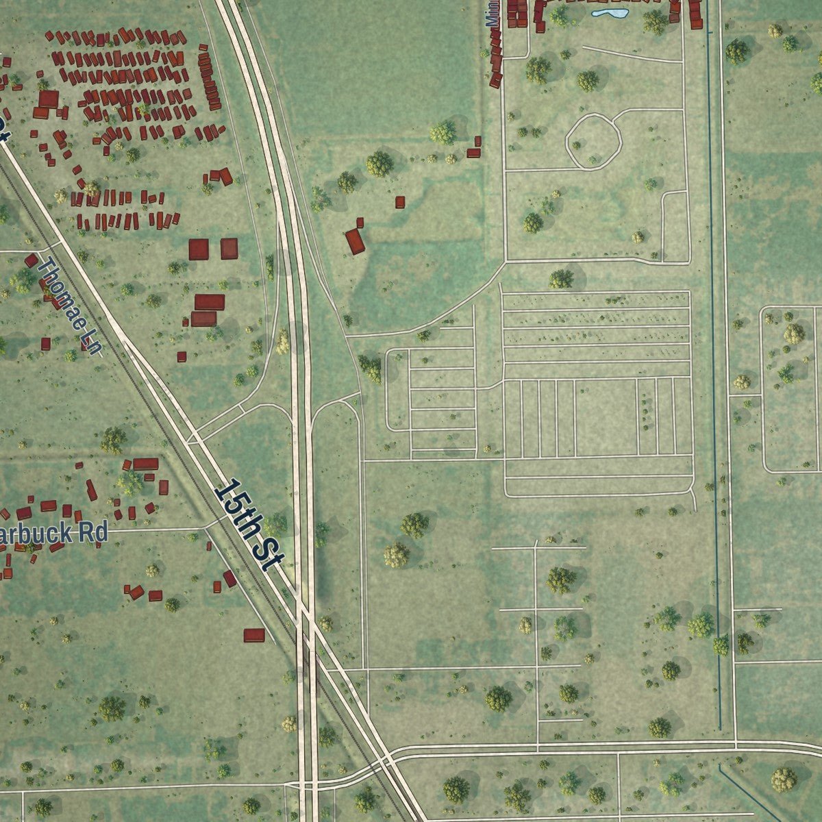 Second close-up of the map of Combes, Texas print showing more streets and buildings
