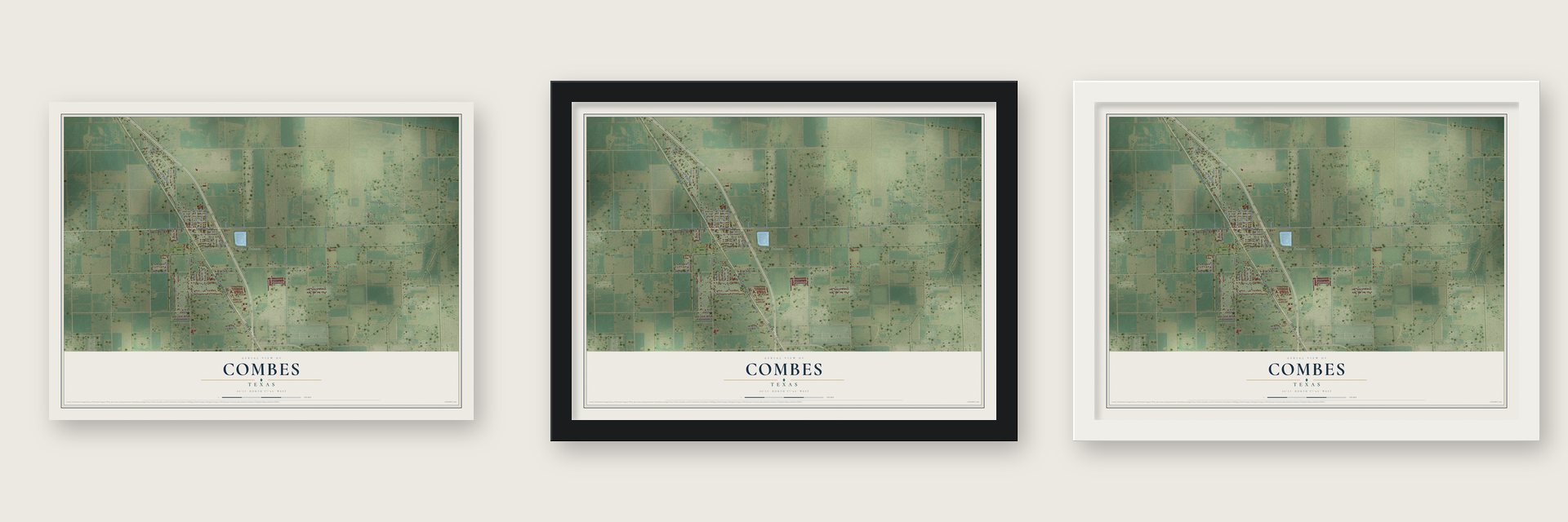 Combes, Texas map unframed, in a black wood frame and in a white wood frame