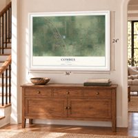 Combes, Texas map, 24 x 36 inch print in a white frame above a dresser by a staircase