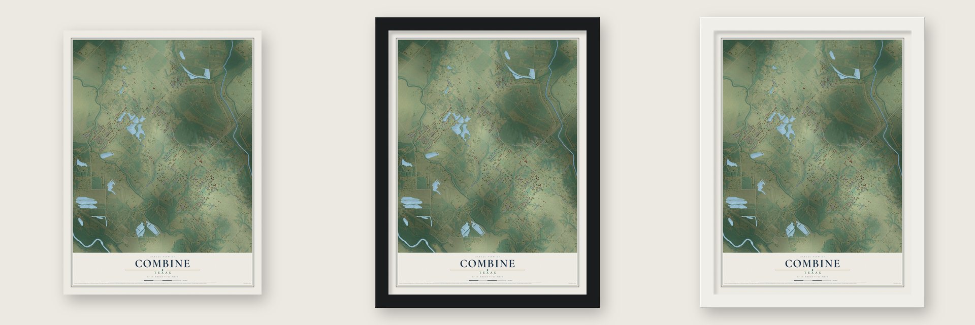 Combine, Texas map unframed, in a black wood frame and in a white wood frame
