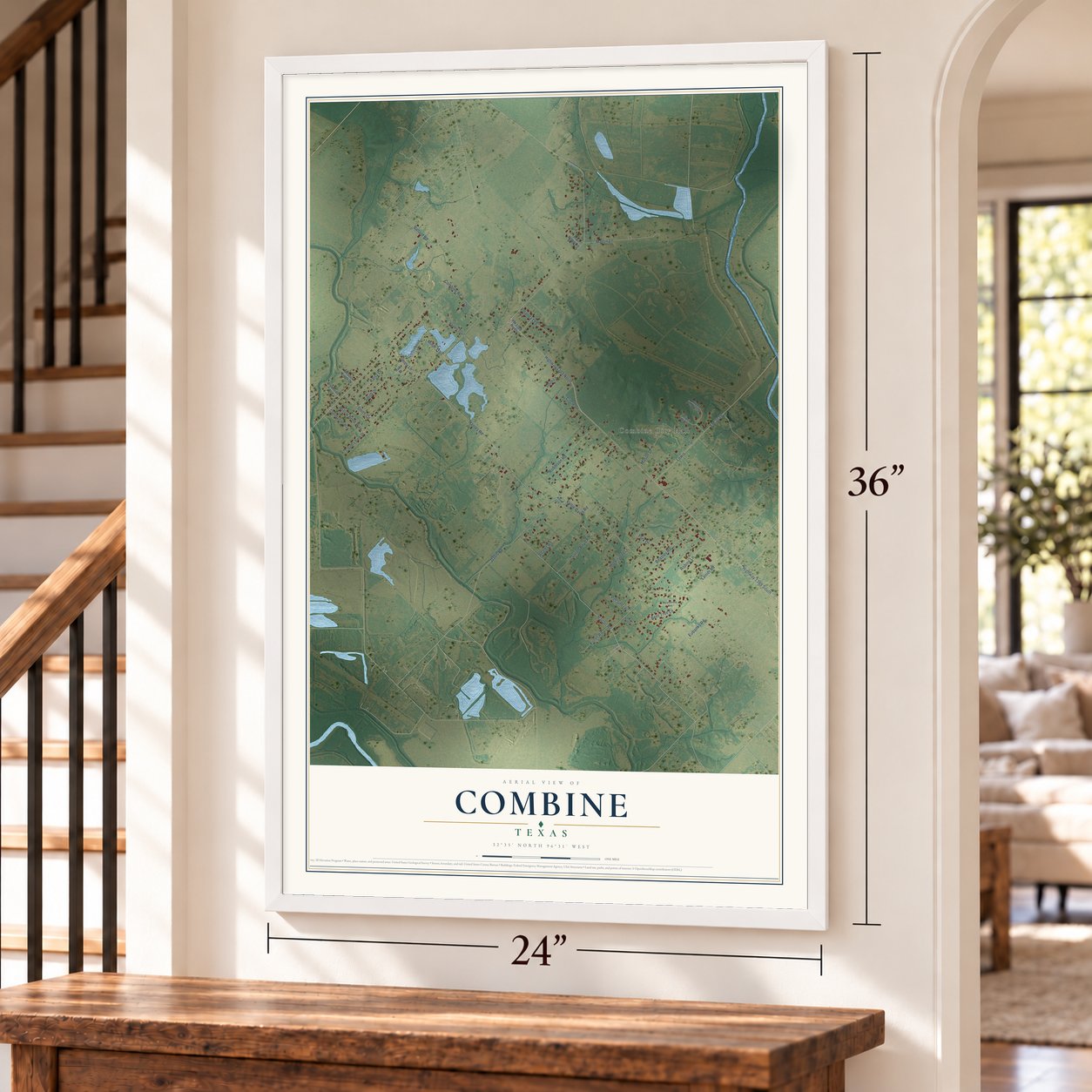 Combine, Texas map, 24 x 36 inch print in a white frame by a staircase