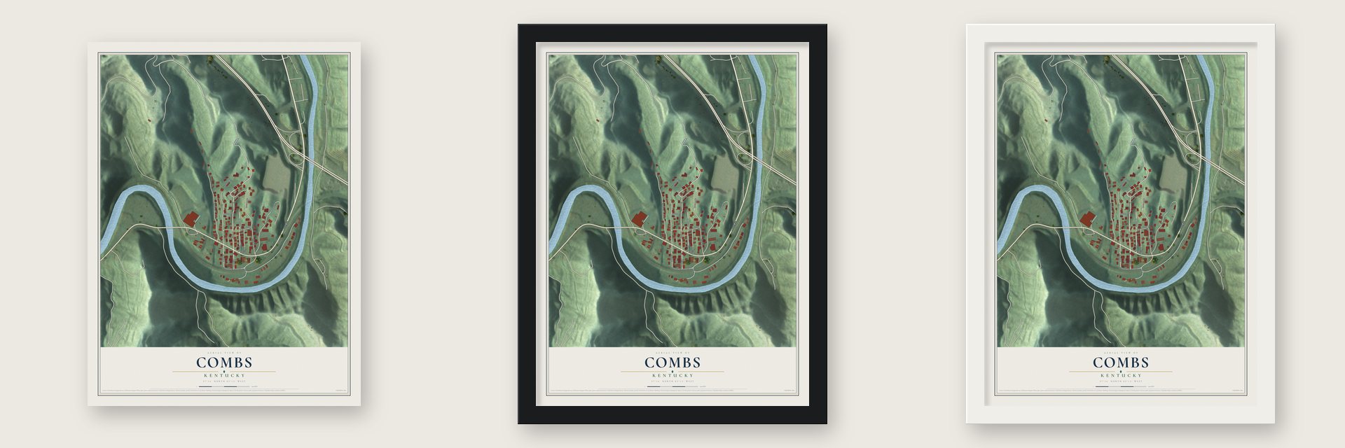 Combs, Kentucky map unframed, in a black wood frame and in a white wood frame