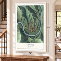 Combs, Kentucky map, 24 x 36 inch print in a white frame by a staircase