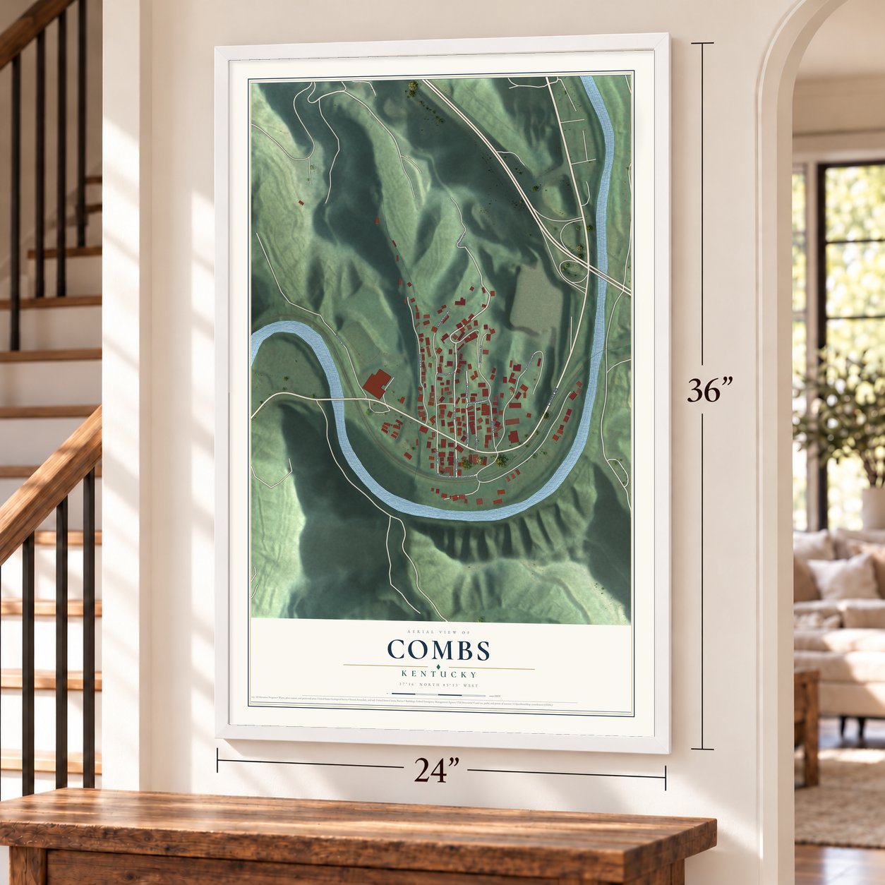 Combs, Kentucky map, 24 x 36 inch print in a white frame by a staircase