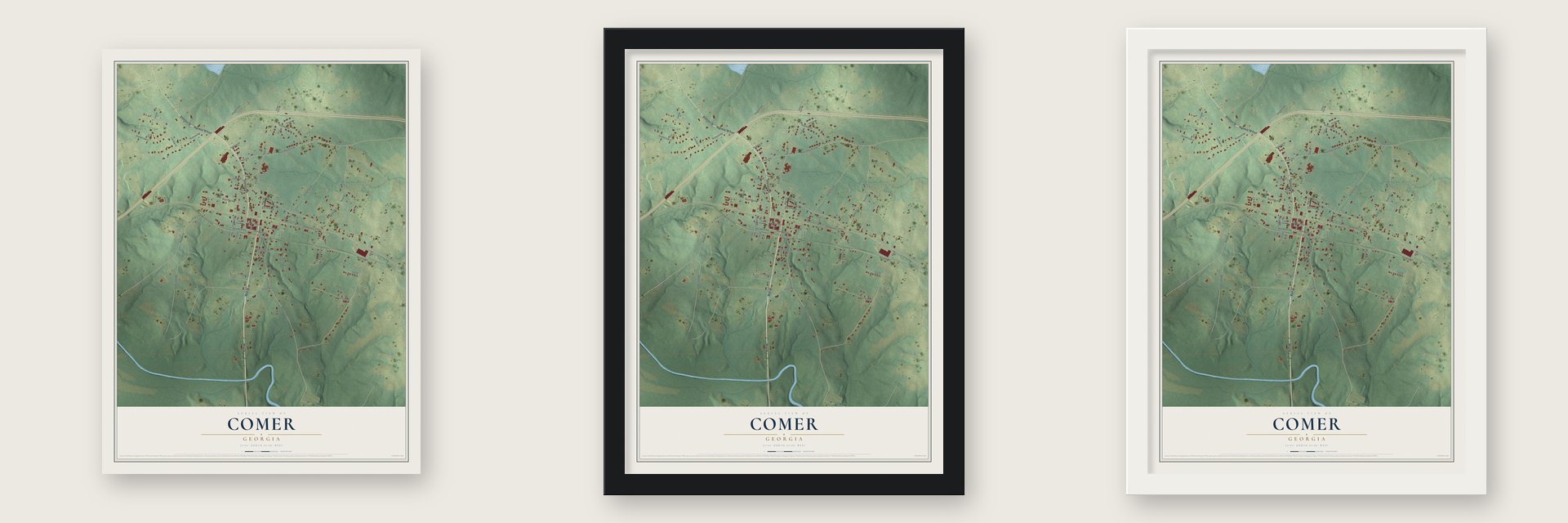 Comer, Georgia map unframed, in a black wood frame and in a white wood frame