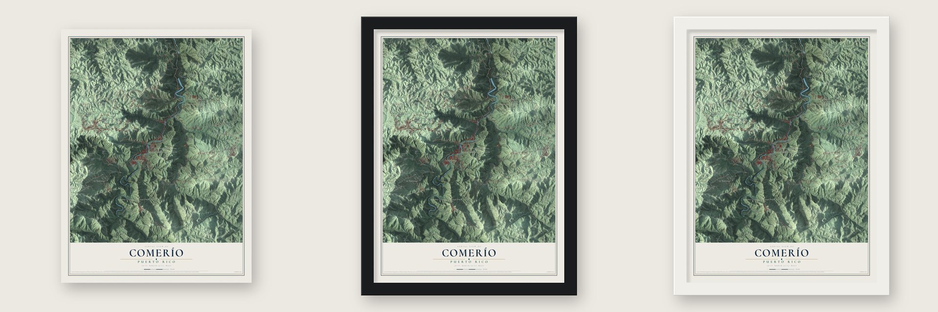 Comerío, Puerto Rico map unframed, in a black wood frame and in a white wood frame