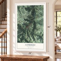 Comerío, Puerto Rico map, 24 x 36 inch print in a white frame by a staircase