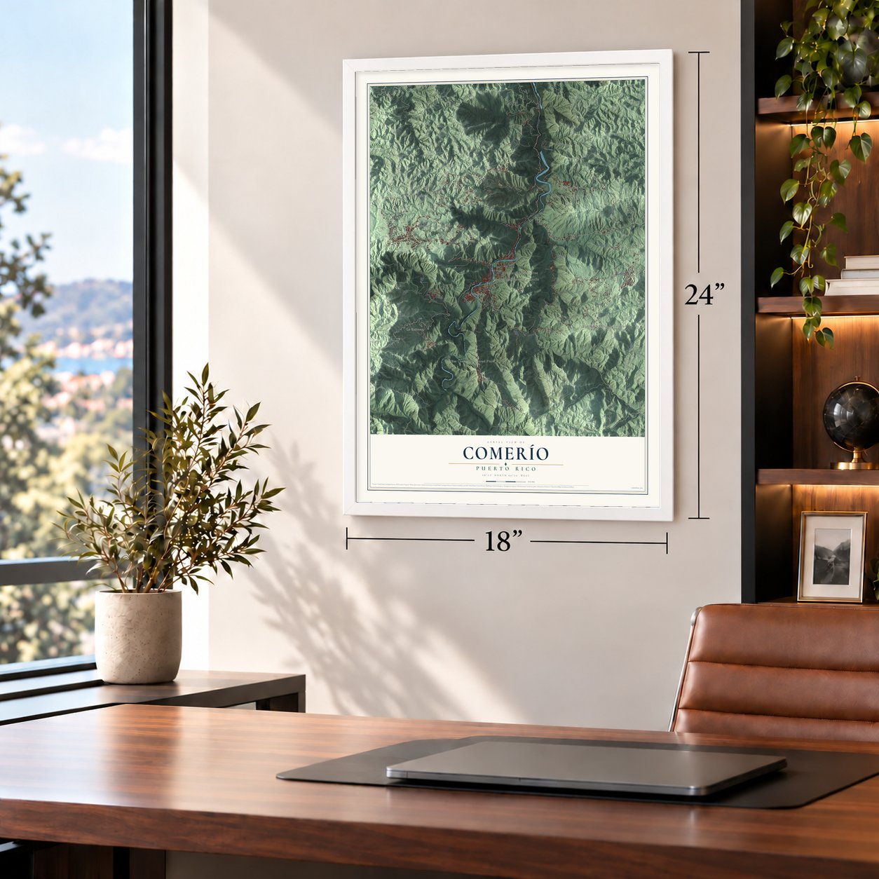 Comerío, Puerto Rico map, 18 x 24 inch print in a white frame in a home office