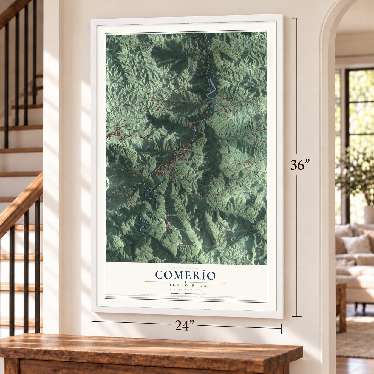 Comerío, Puerto Rico map, 24 x 36 inch print in a white frame by a staircase