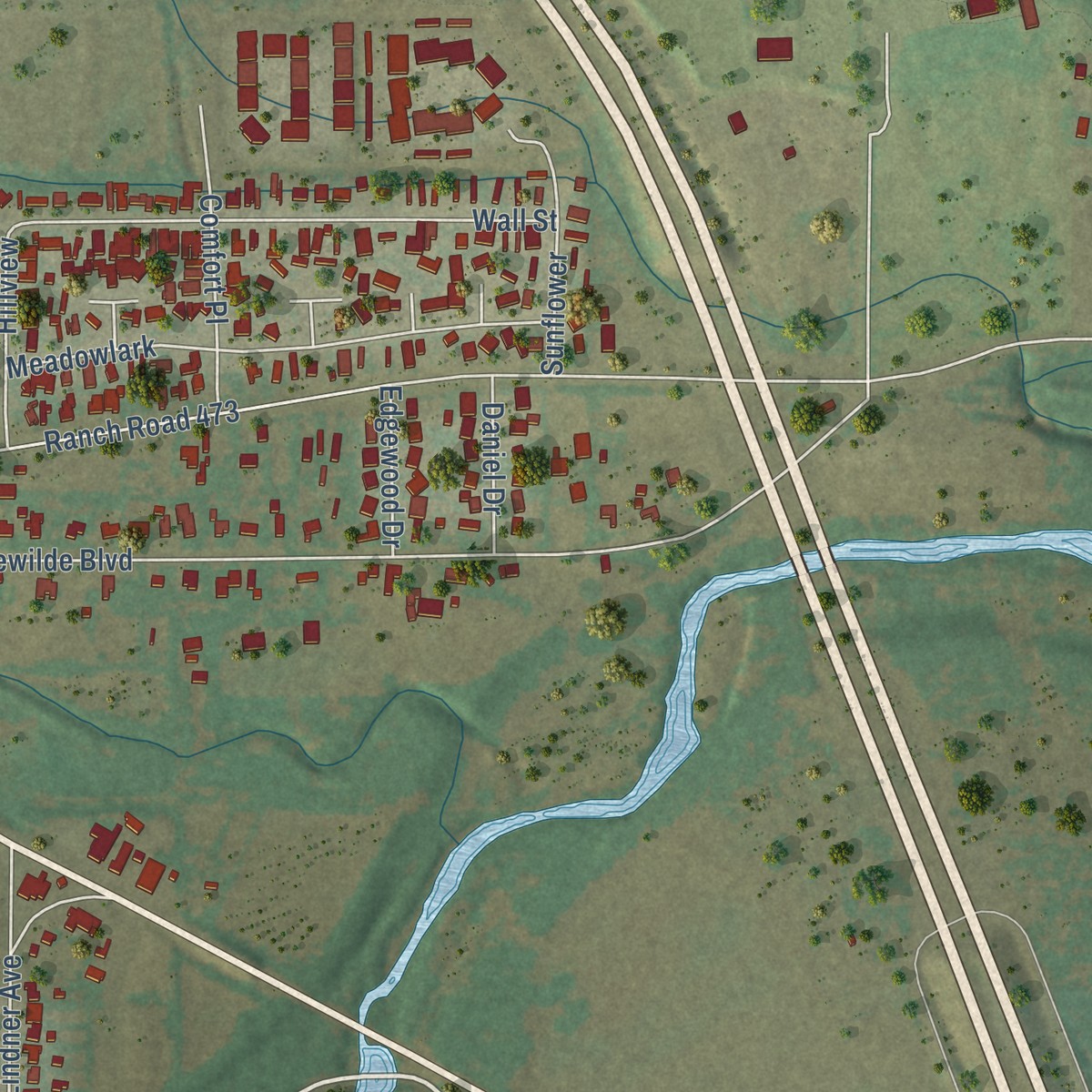 Second close-up of the map of Comfort, Texas print showing more streets and buildings