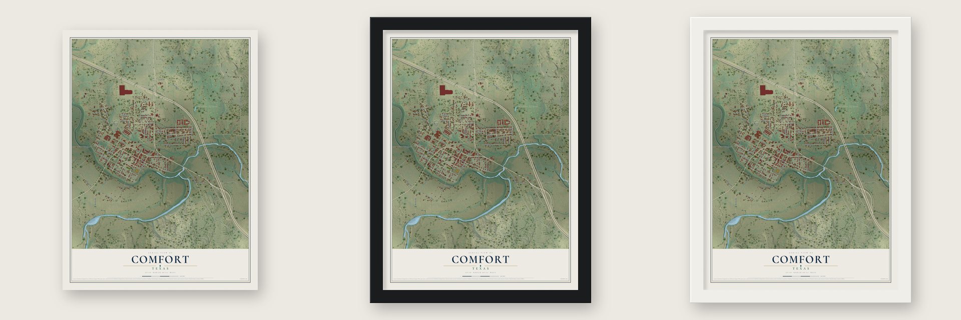 Comfort, Texas map unframed, in a black wood frame and in a white wood frame