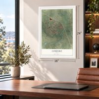 Comfort, Texas map, 18 x 24 inch print in a white frame in a home office