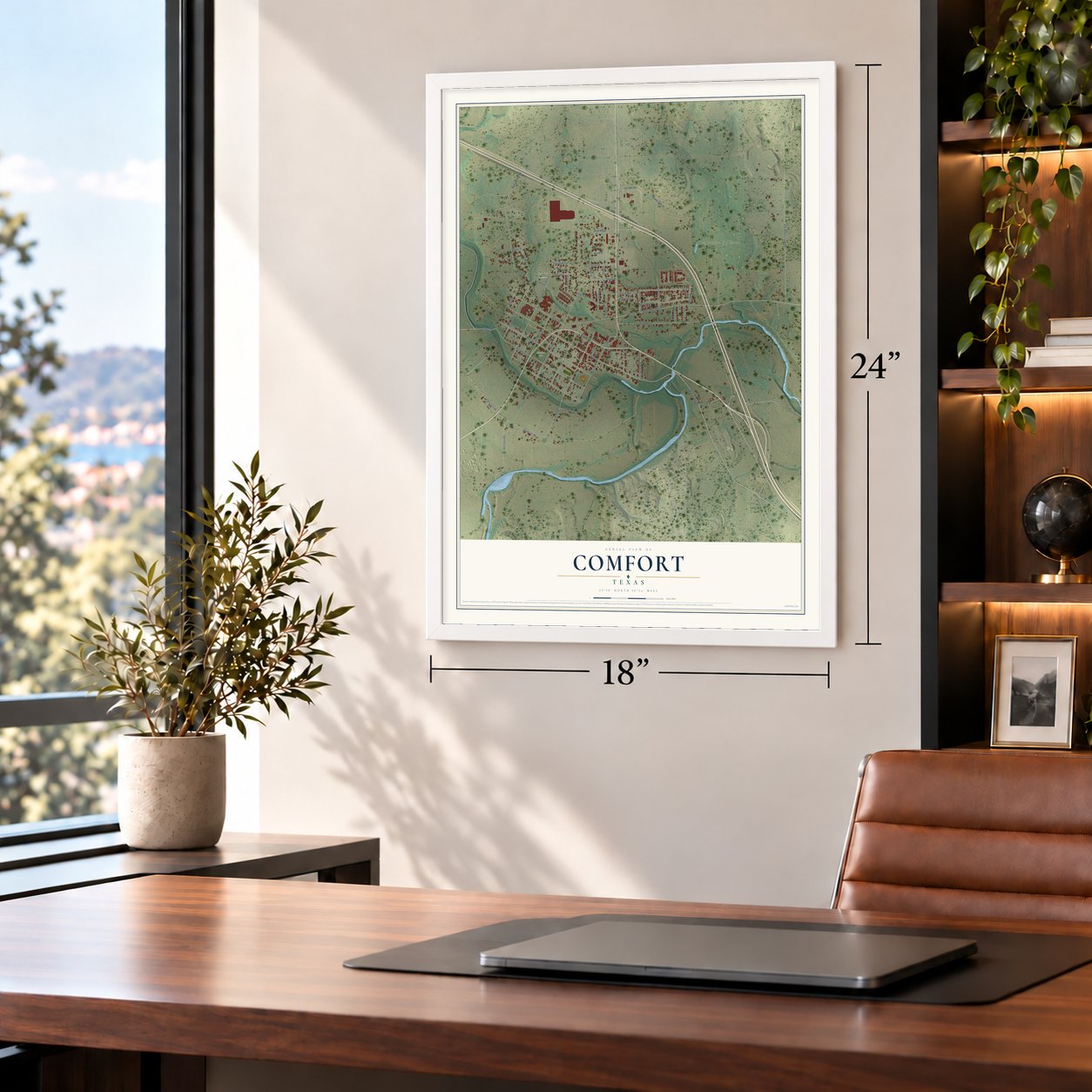 Comfort, Texas map, 18 x 24 inch print in a white frame in a home office