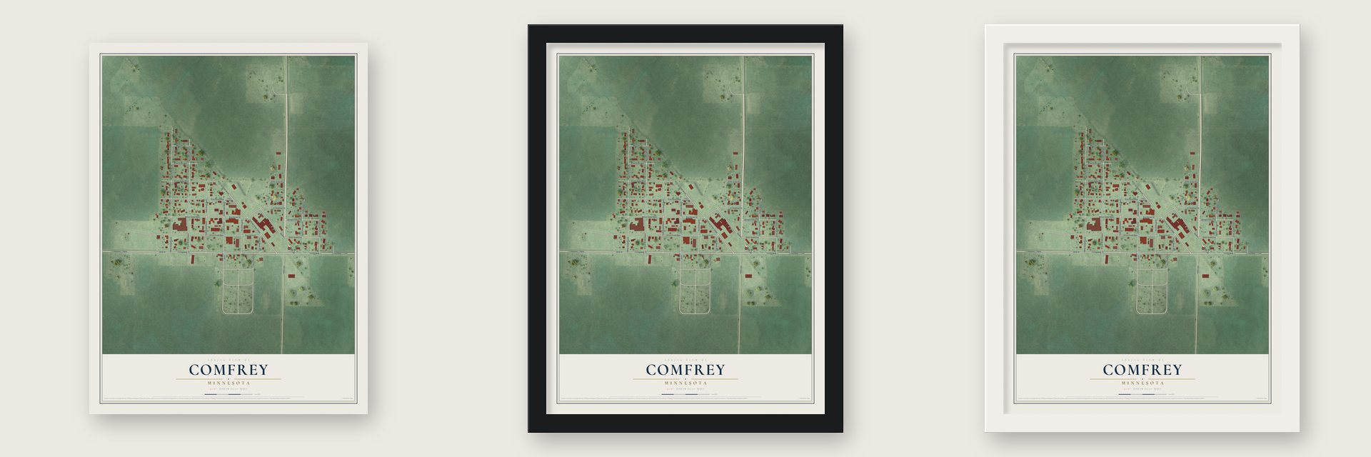 Comfrey, Minnesota map unframed, in a black wood frame and in a white wood frame