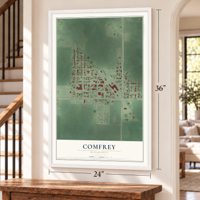 Comfrey, Minnesota map, 24 x 36 inch print in a white frame by a staircase