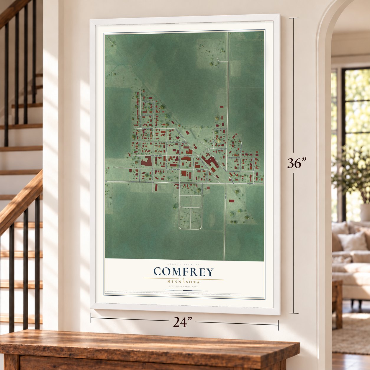 Comfrey, Minnesota map, 24 x 36 inch print in a white frame by a staircase