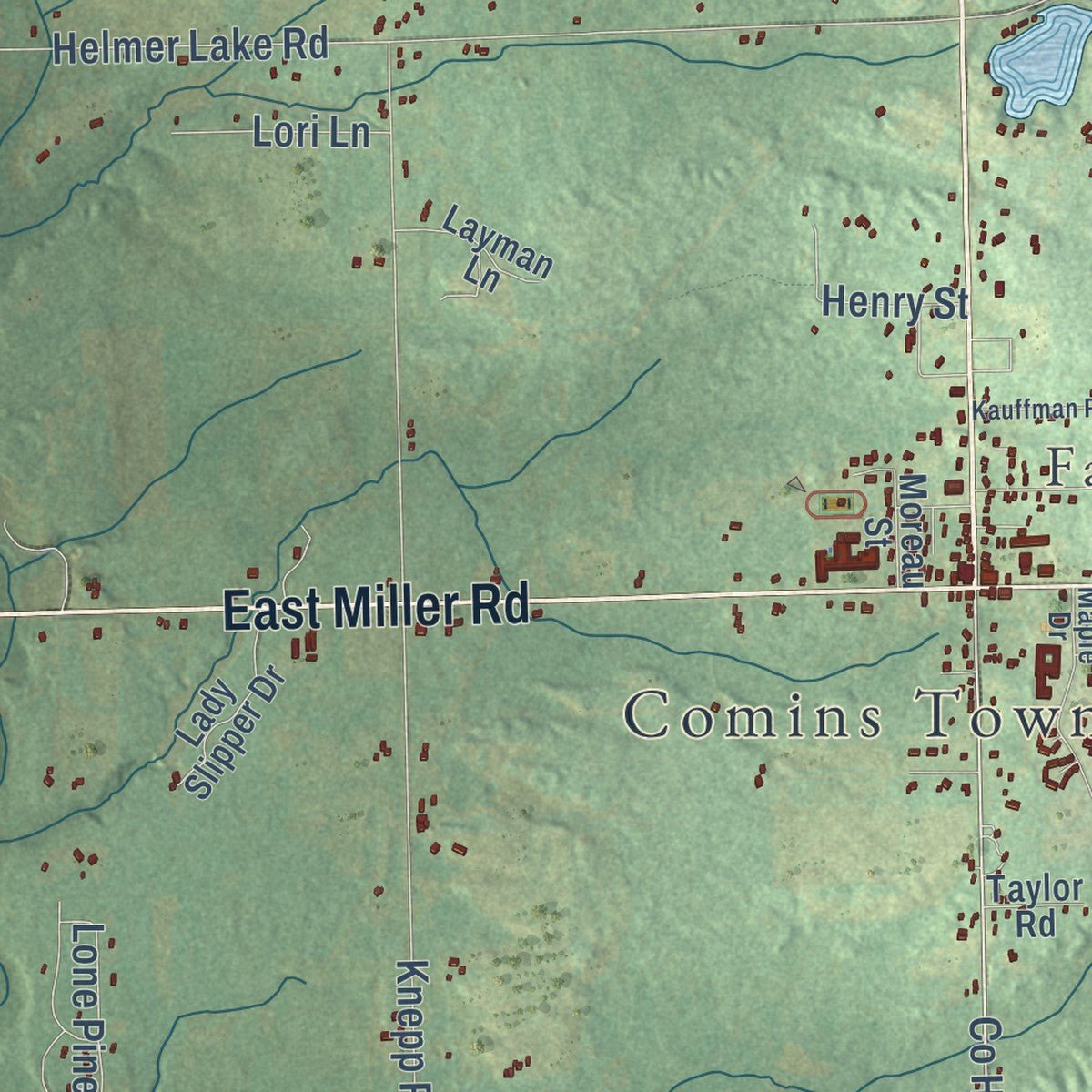 Second close-up of the map of Comins, Michigan print showing more streets and buildings