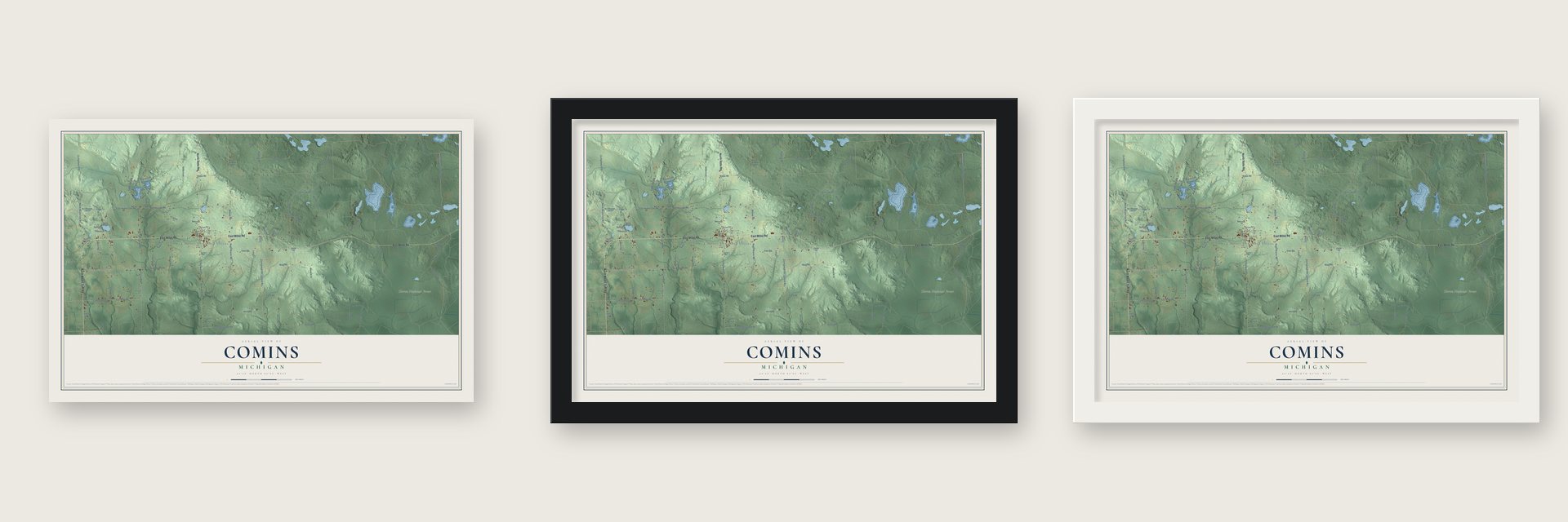 Comins, Michigan map unframed, in a black wood frame and in a white wood frame