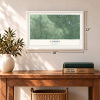 Comins, Michigan map, 12 x 18 inch print in a white frame in an entryway