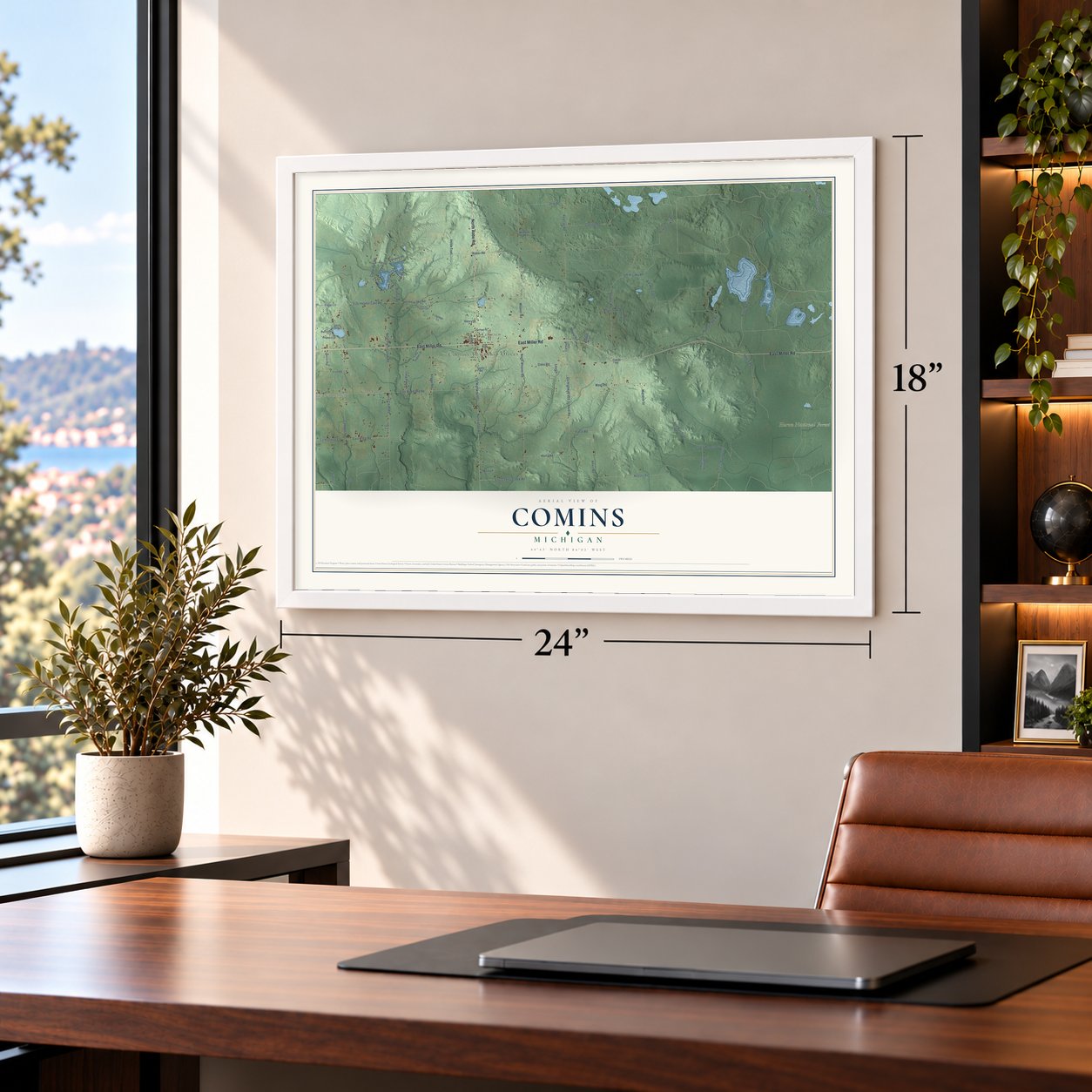 Comins, Michigan map, 18 x 24 inch print in a white frame in a home office