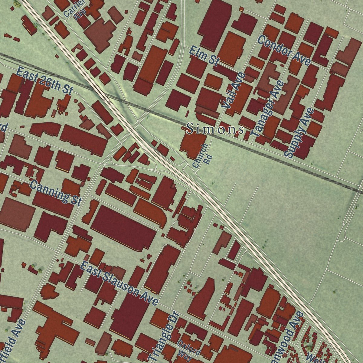 Second close-up of the map of Commerce, California print showing more streets and buildings