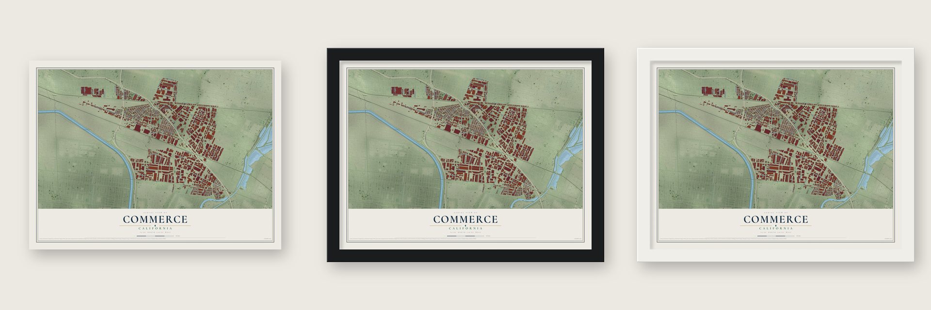 Commerce, California map unframed, in a black wood frame and in a white wood frame