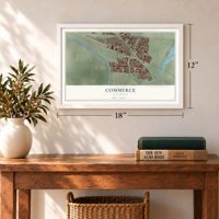 Commerce, California map, 12 x 18 inch print in a white frame in an entryway