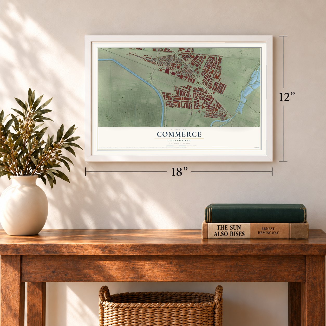 Commerce, California map, 12 x 18 inch print in a white frame in an entryway