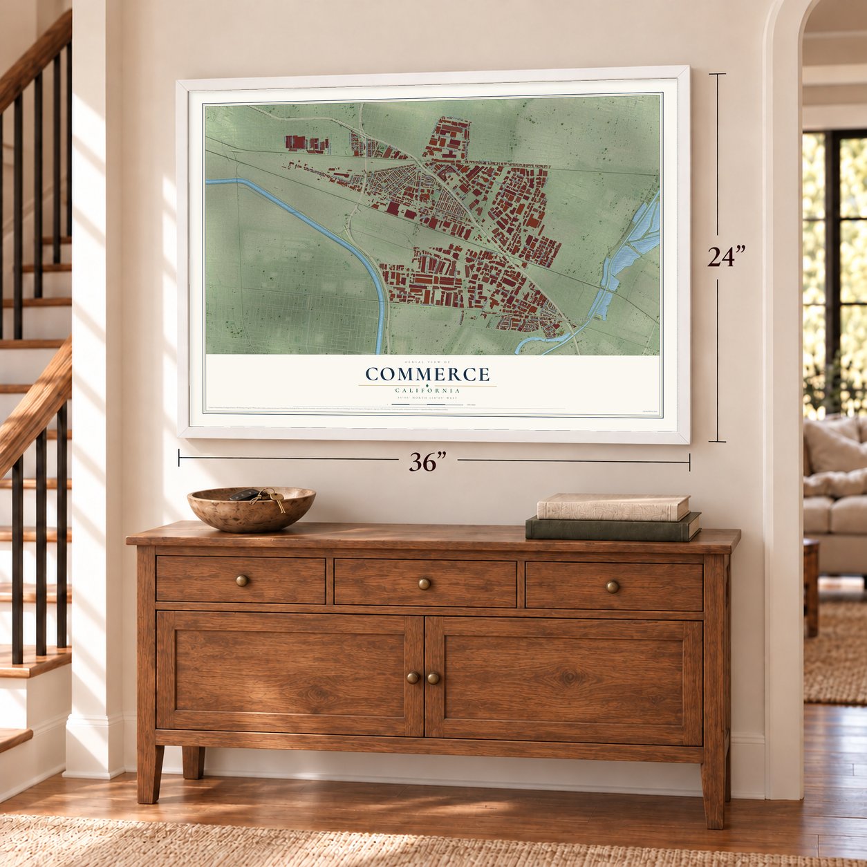 Commerce, California map, 24 x 36 inch print in a white frame above a dresser by a staircase