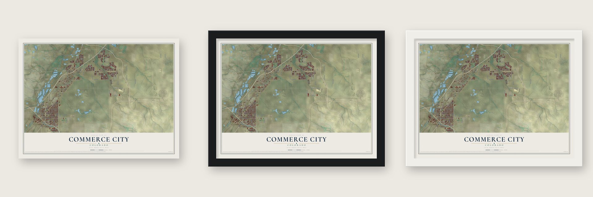 Commerce City, Colorado map unframed, in a black wood frame and in a white wood frame