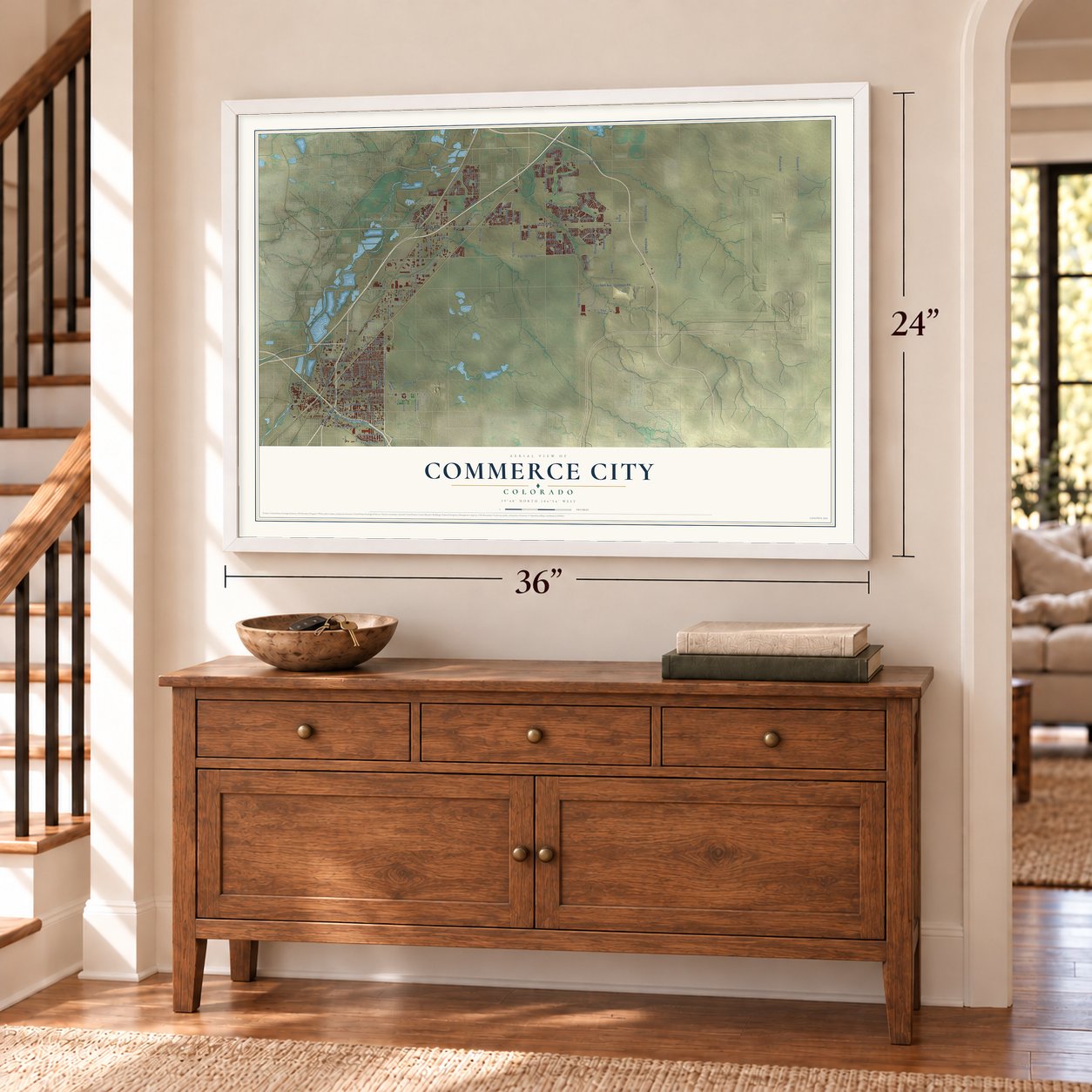 Commerce City, Colorado map, 24 x 36 inch print in a white frame above a dresser by a staircase