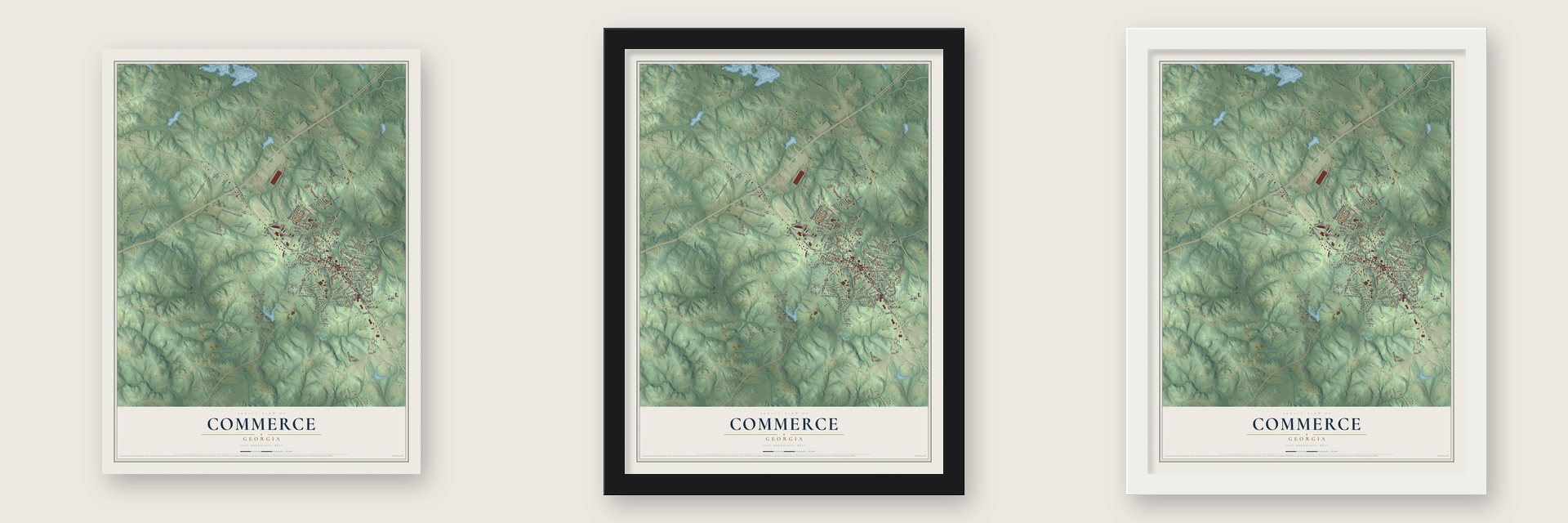 Commerce, Georgia map unframed, in a black wood frame and in a white wood frame