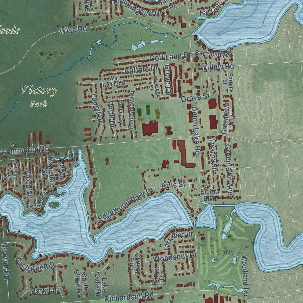 Second close-up of the map of Commerce, Michigan print showing more streets and buildings