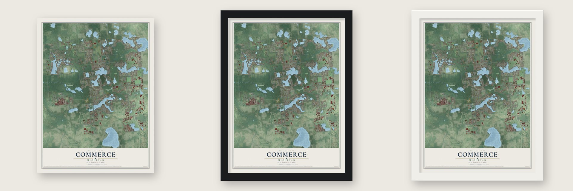 Commerce, Michigan map unframed, in a black wood frame and in a white wood frame