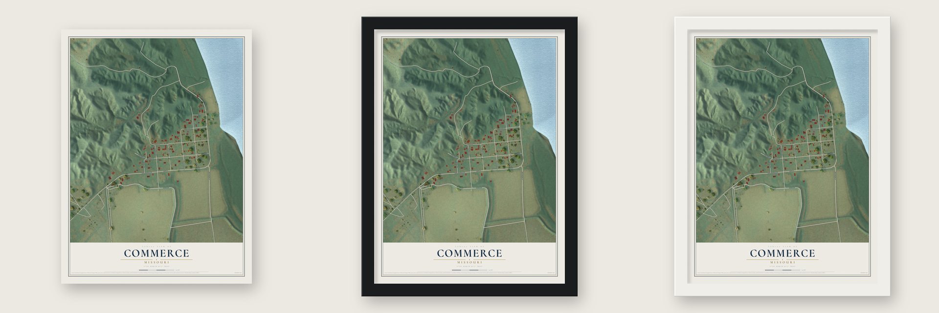 Commerce, Missouri map unframed, in a black wood frame and in a white wood frame