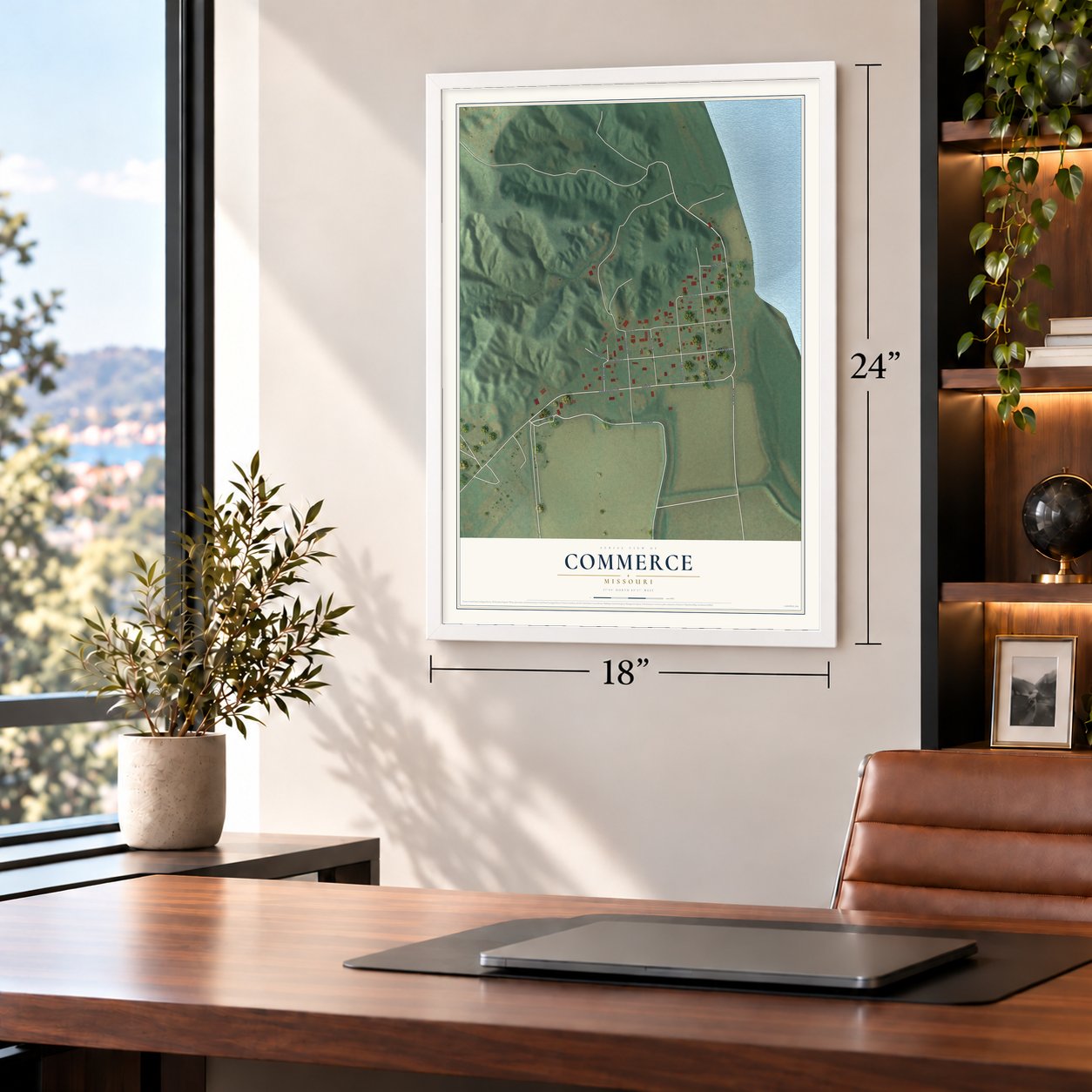 Commerce, Missouri map, 18 x 24 inch print in a white frame in a home office