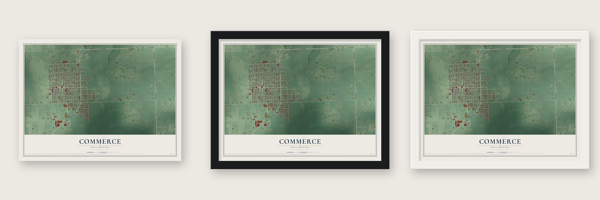 Commerce, Oklahoma map unframed, in a black wood frame and in a white wood frame