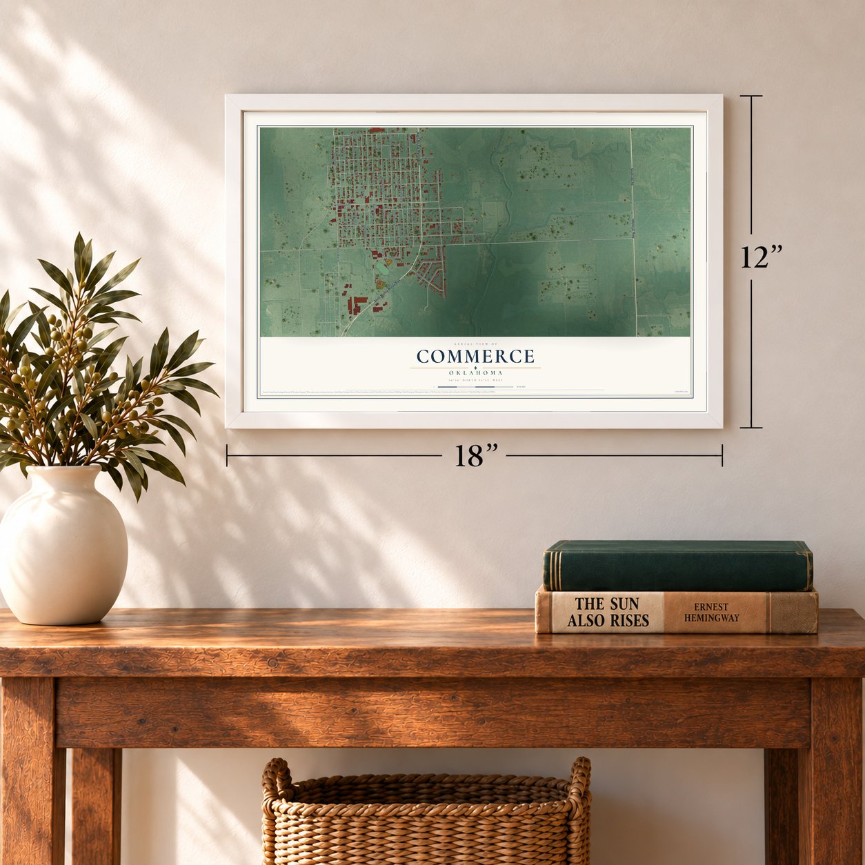Commerce, Oklahoma map, 12 x 18 inch print in a white frame in an entryway