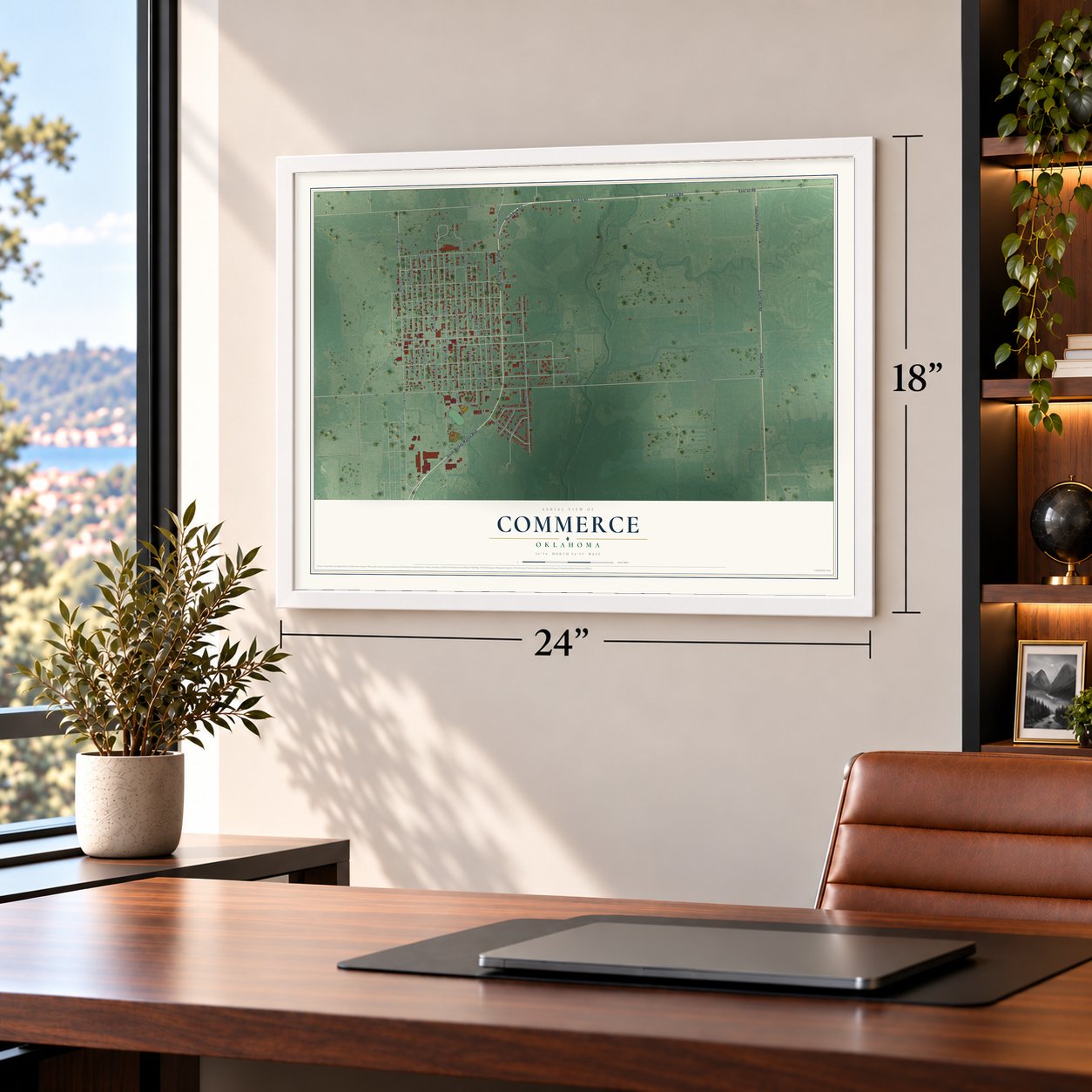 Commerce, Oklahoma map, 18 x 24 inch print in a white frame in a home office